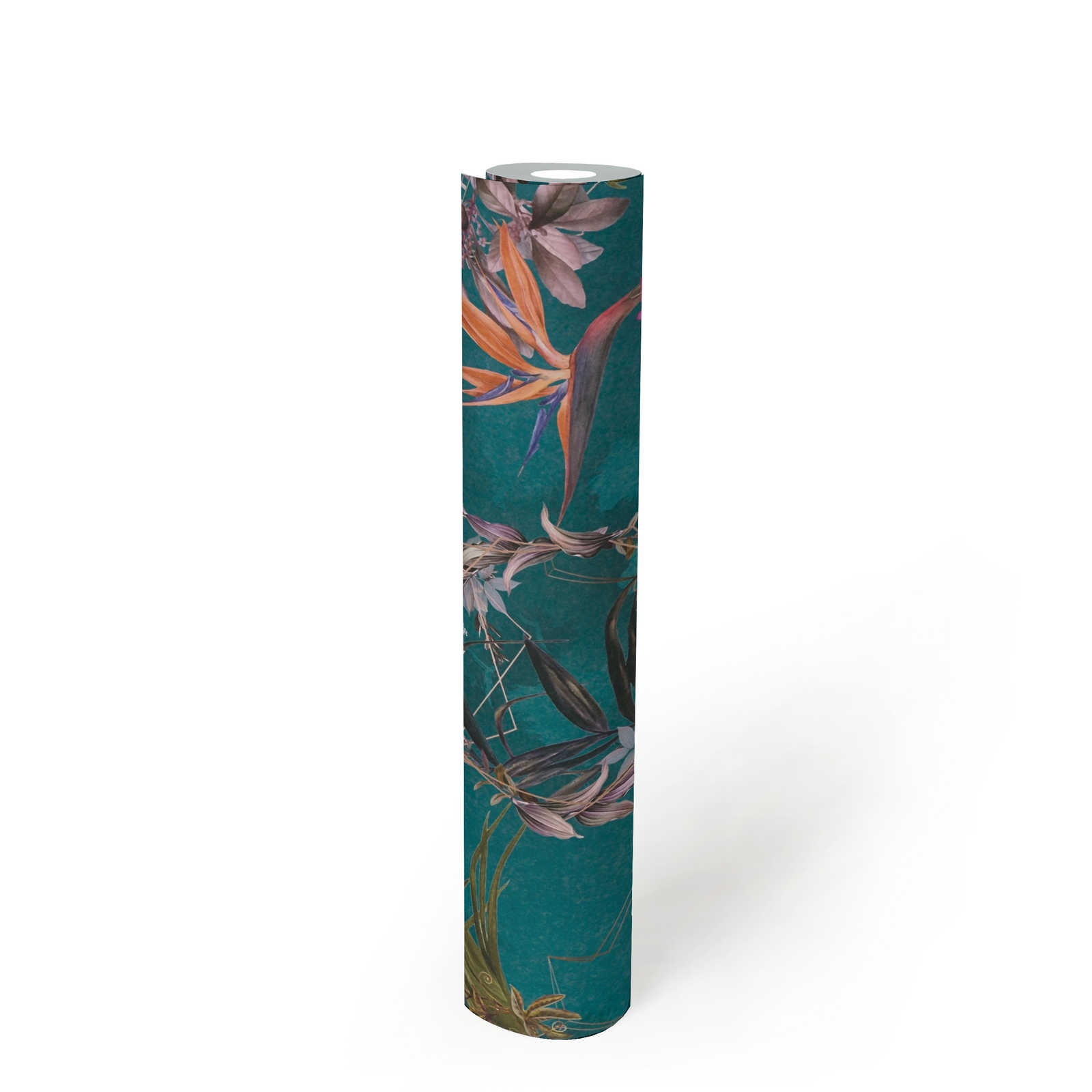             Jungle wallpaper tropical flowers & birds - turquoise, green, colourful
        