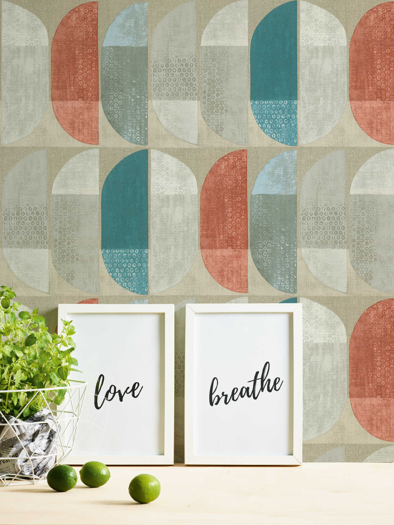             Tapete geometrisches Retro-Muster, Scandinavian Style - Beige, Rot, Blau
        