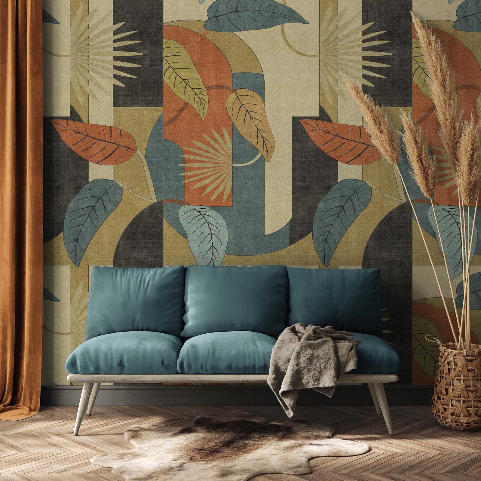         Papier peint abstrait intissé avec feuilles et motifs graphiques - beige, bleu, rouge
    