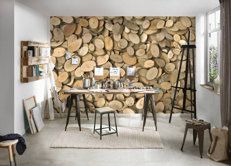 holzstapelwand, werkbank, atelier, holzscheiben, provisorischerstuhl