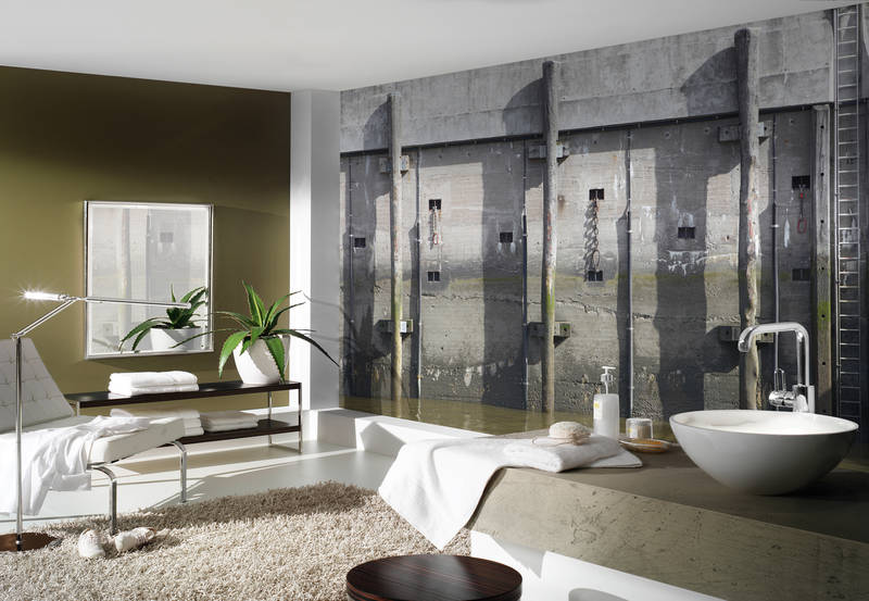             Urban Style Fototapete – Vliestapete mit massiver Betonstruktur am Hafen – Grau, Grün
        