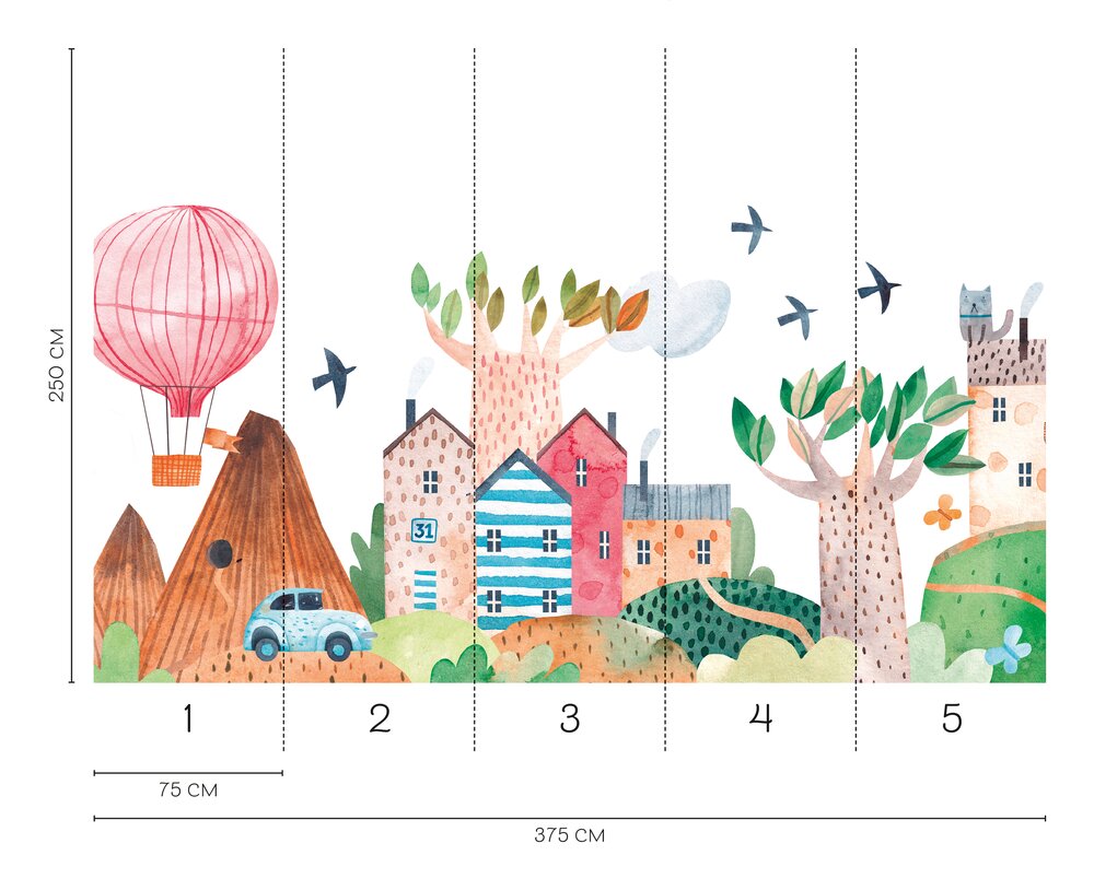             Kinderzimmer Fototapete abenteuerliche Fantasielandschaft mit Heißluftballon und fröhlichem Dorf – Bunt
        