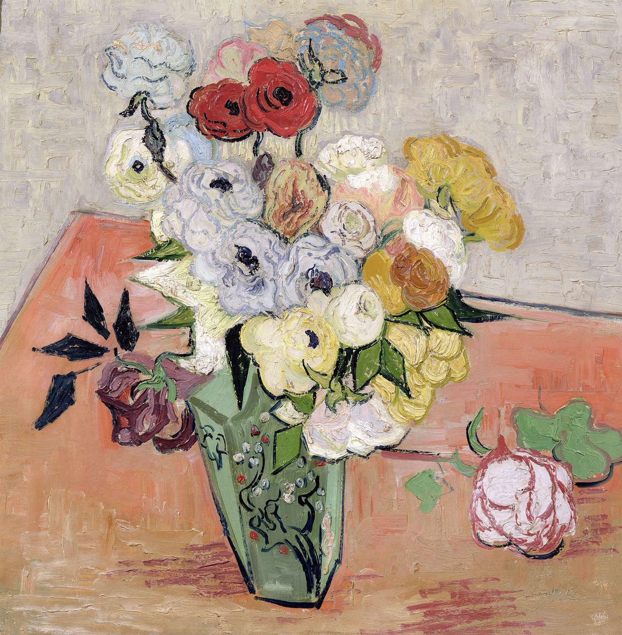             Fototapete 'Stillleben mit japanischer Vase Rosen und Anemonen' von Vincent van Gogh
        