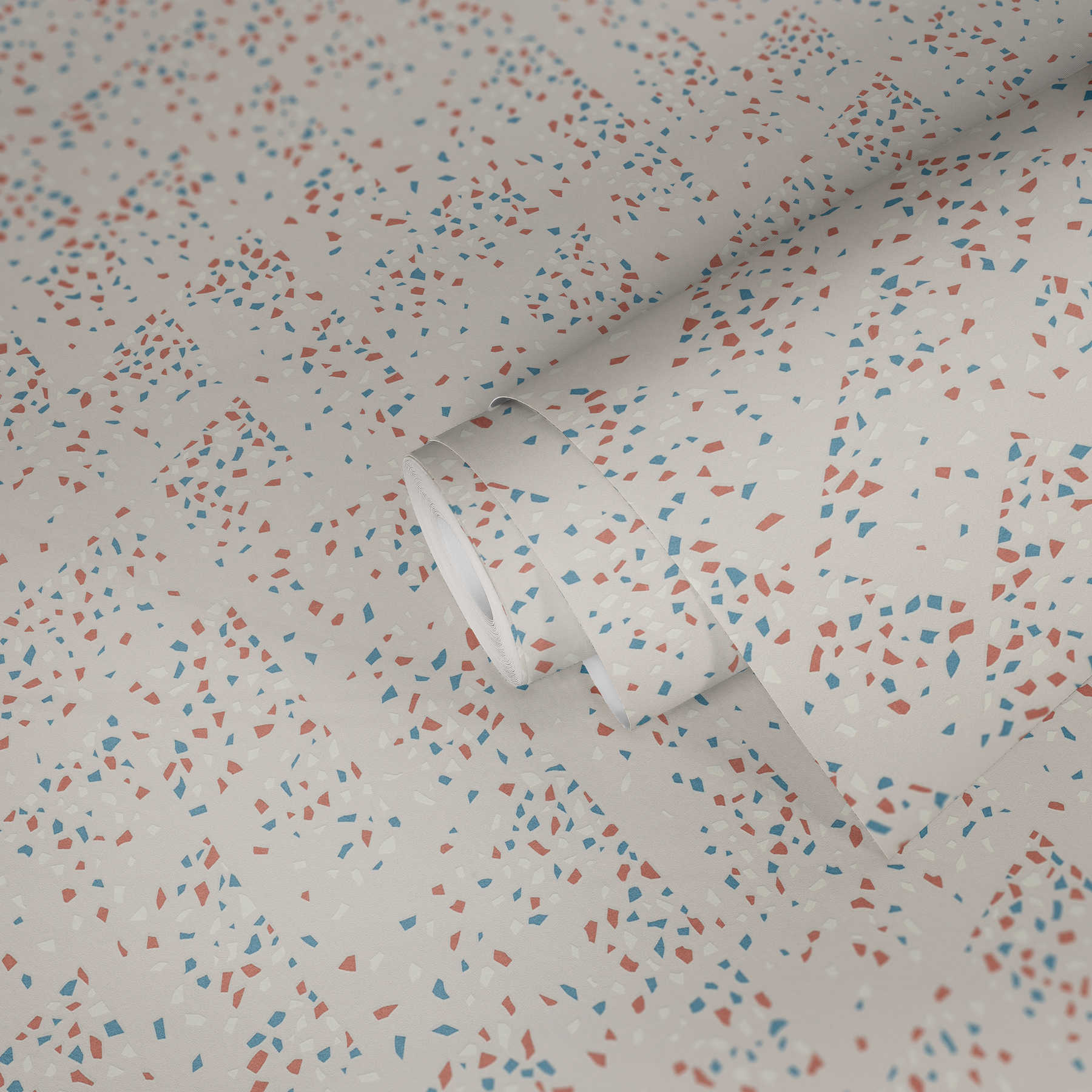 Vliestapete mit Terrazzo Muster – Blau, Rosa, Weiß