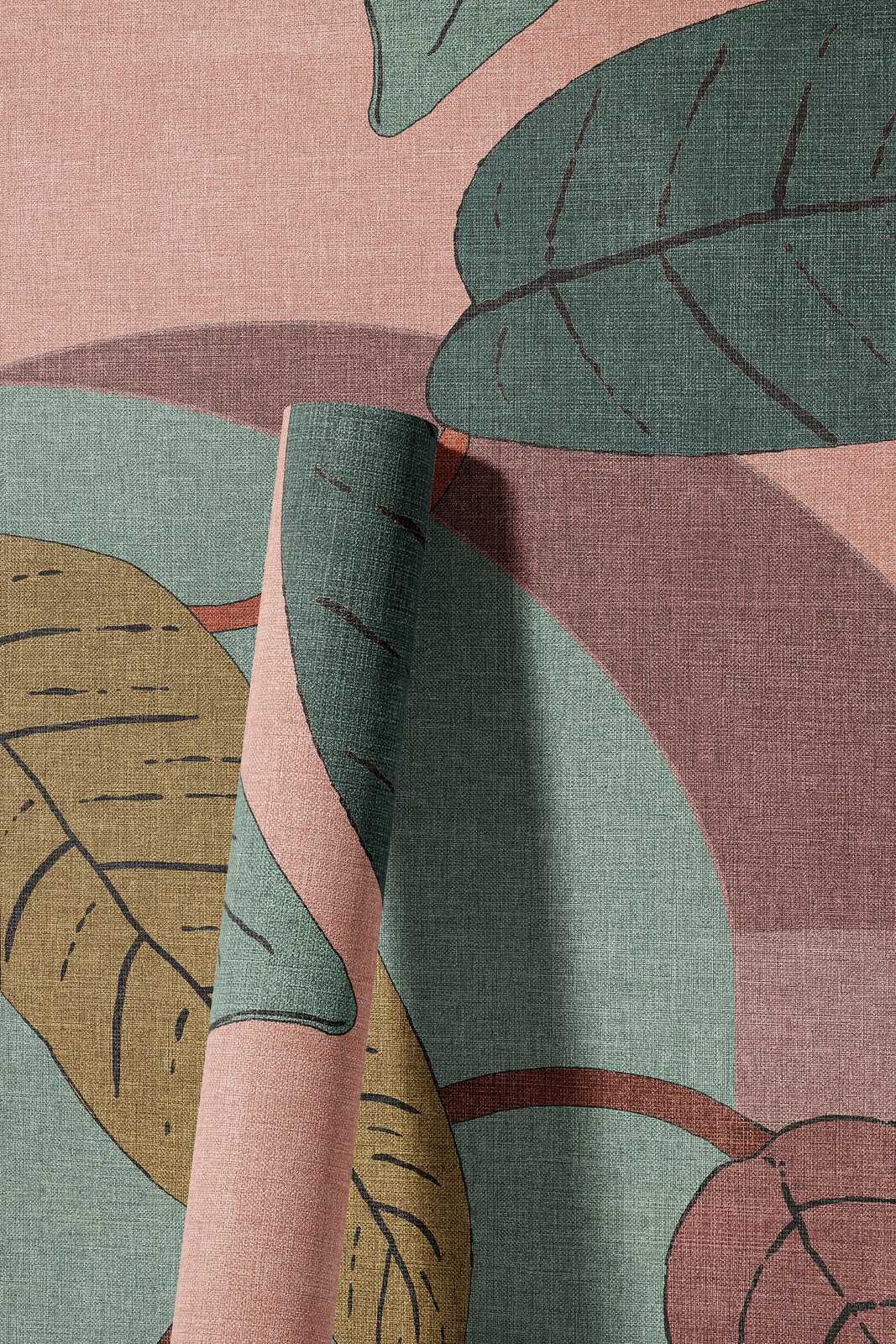             Vliestapete mit floralem Blattmuster und abstrakten Formen – Rosa, Türkis, Beige
        