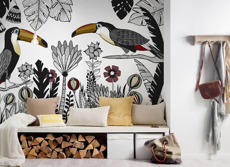             Vogel Fototapete Tukan mit tropischem Muster im Zeichenstil
        