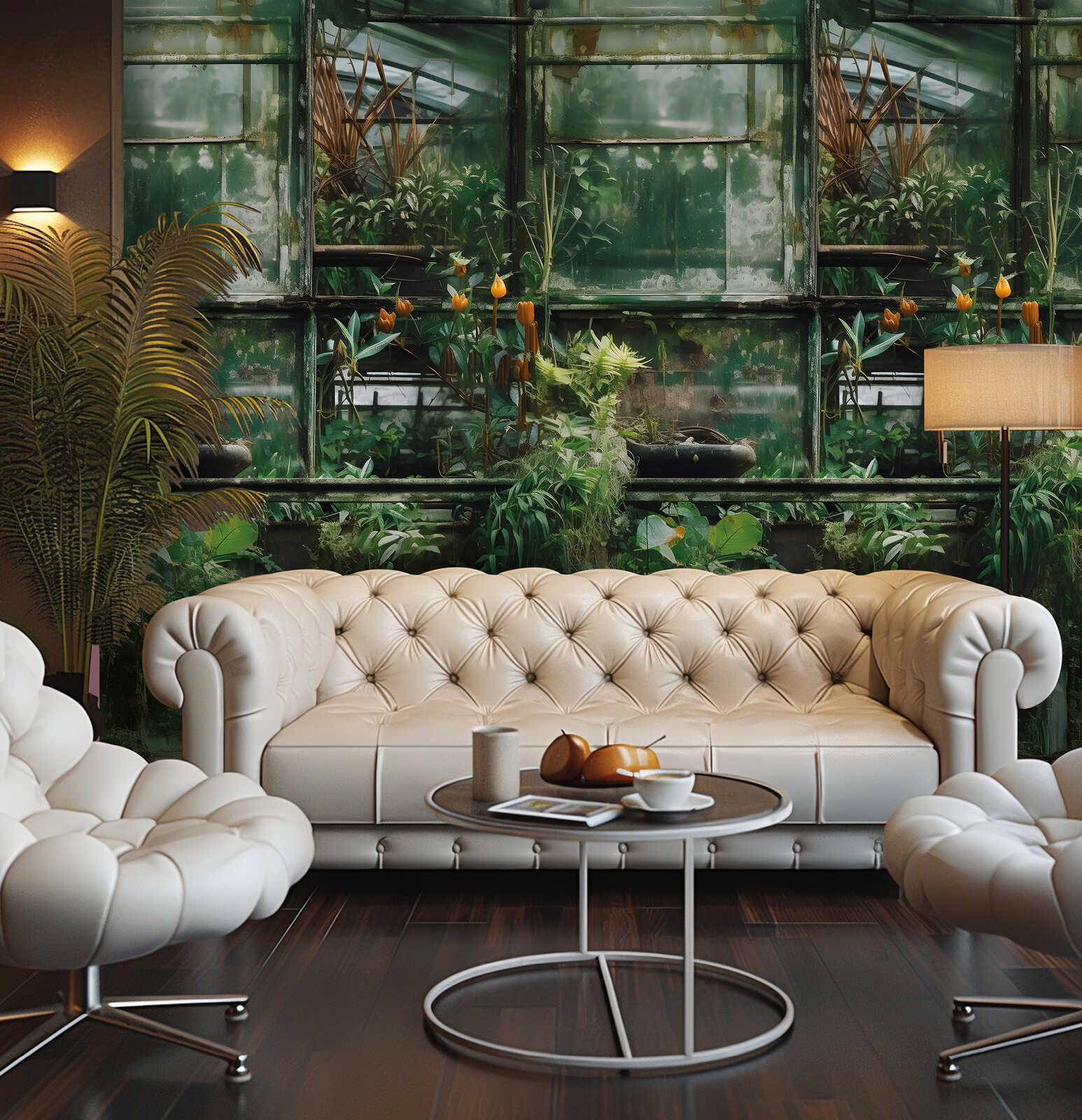         Glattes Vliestapeten Panel "Botanical Haven" 159cm Breite x 280cm Höhe - Verwunschenes Gewächshaus-Motiv – Grün
    