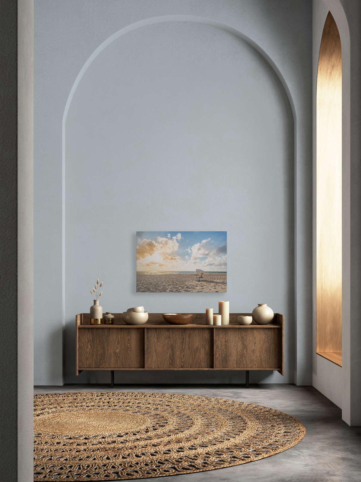             Leinwand mit Strandkorb bei Sonnenaufgang – 0,90 m x 0,60 m
        