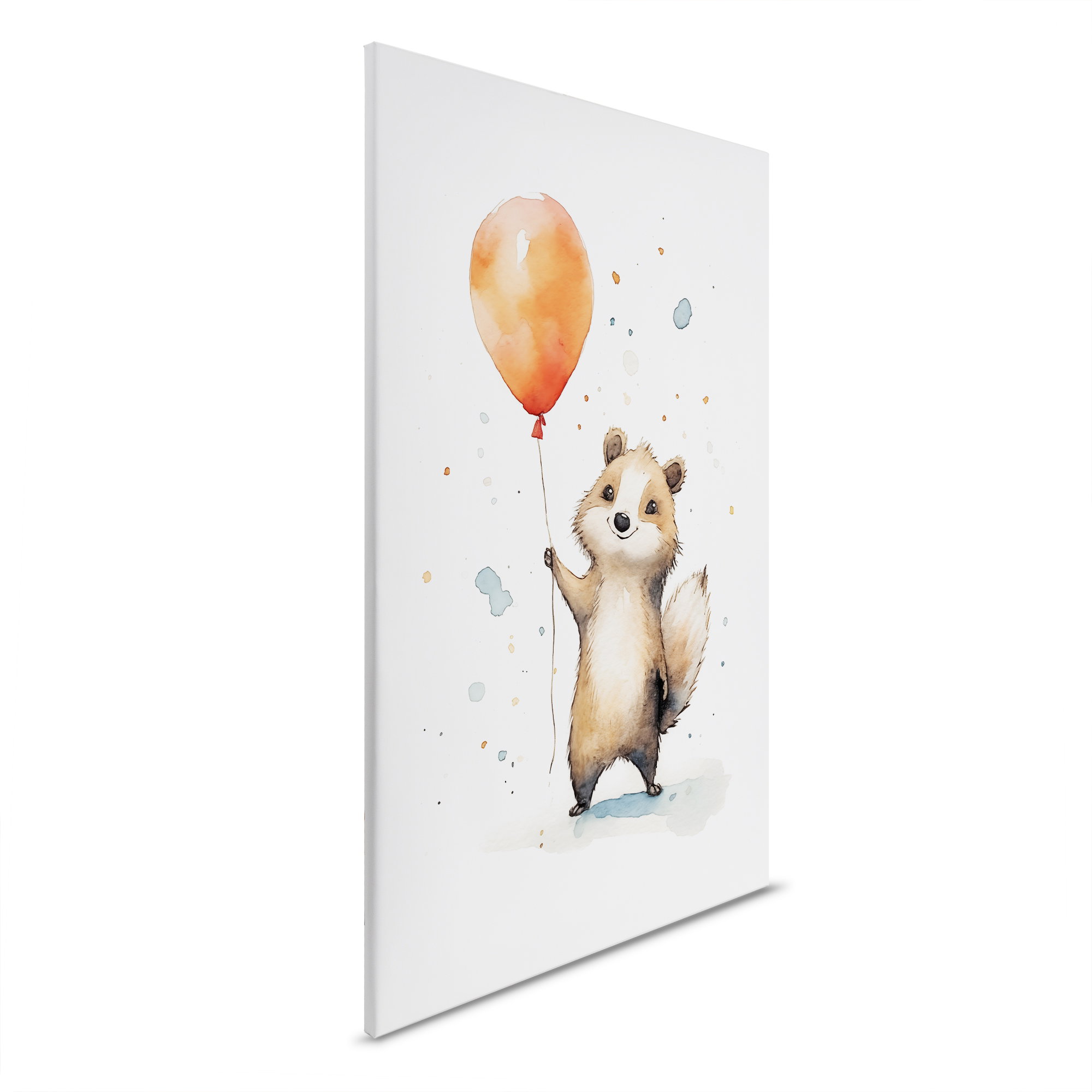         Waschbärspaß mit rotem Ballon - Kinderzimmer Leinwand für verspielte Dekoration – 30 x 45 cm - Weiss, Braun
    