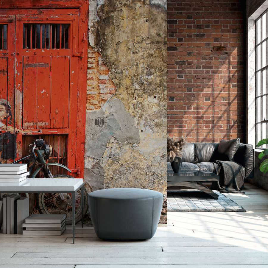         Vintage Door with Wall & Motorbike Wallpaper - Red, Beige
    