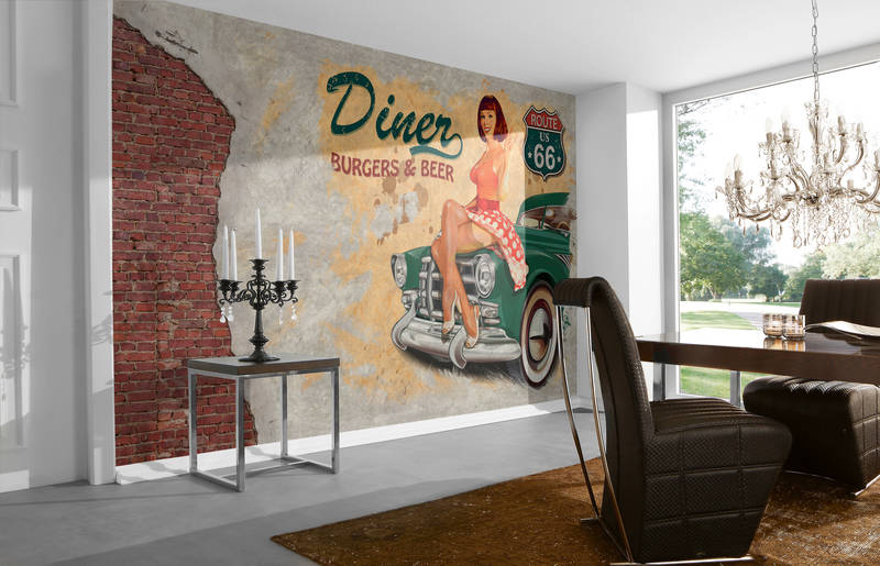 Diner-Wandbild, Auto-Wandmalerei, Vintage-Kunst, Pinup-Girl, Straßenrand-Dekoration