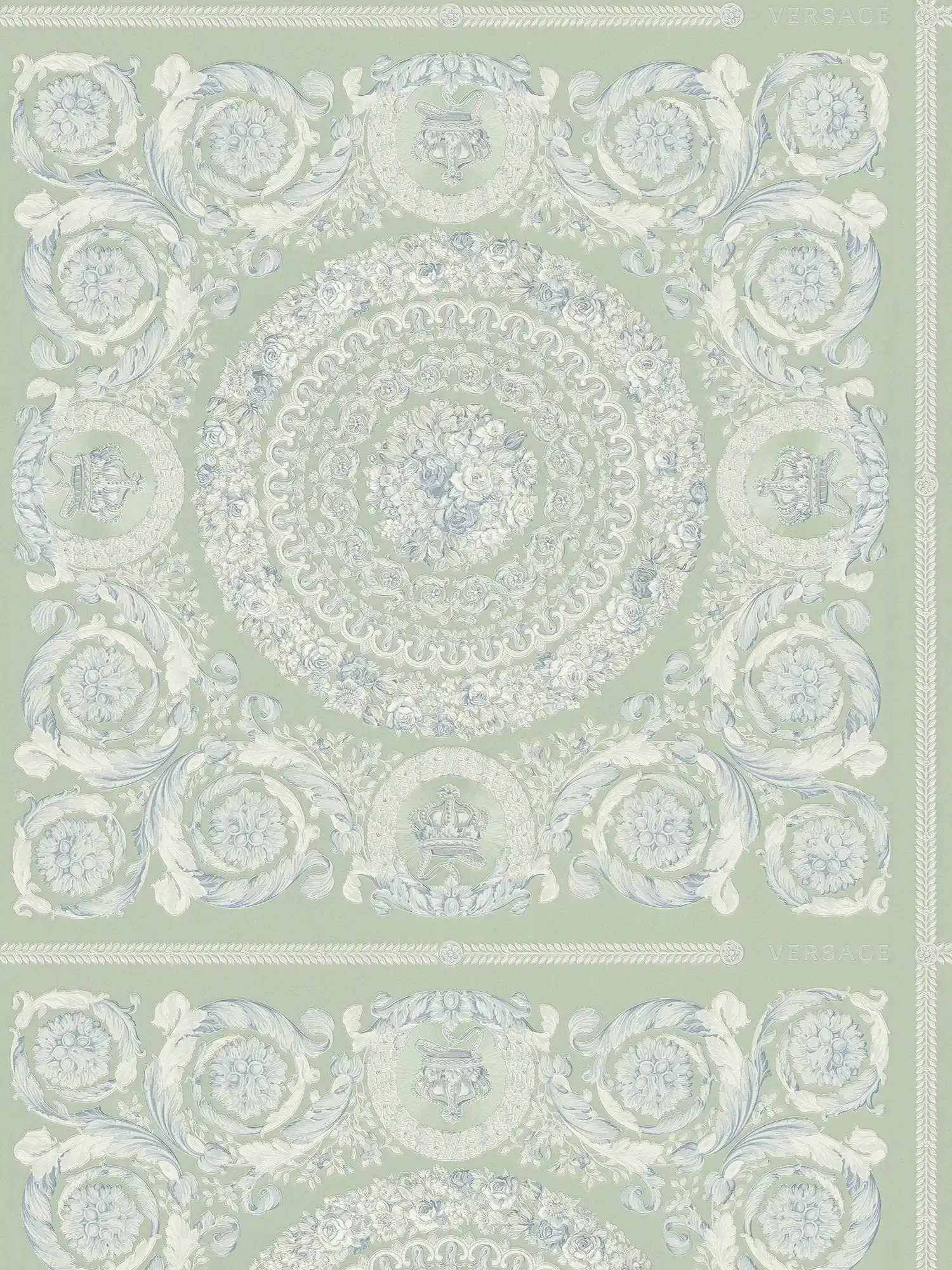 VERSACE non-woven wallpaper with opulent baroque ornaments slightly shiny background smooth, pattern textured - green, white, blue