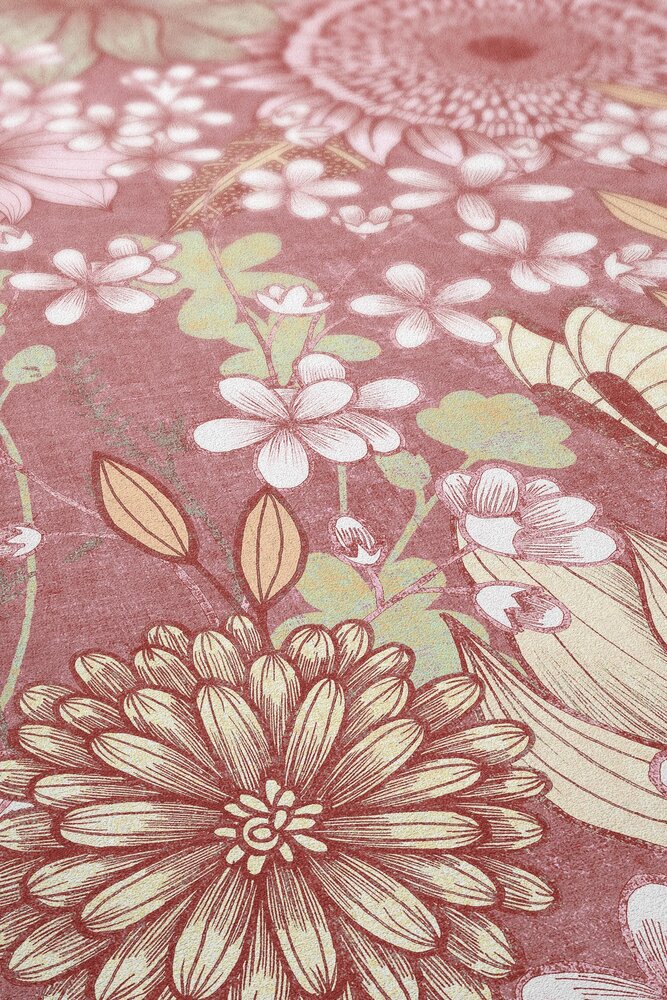 Florale Vliestapete mit verschiedenen Blüten und Blättern – Rosa, Weiß, Creme
