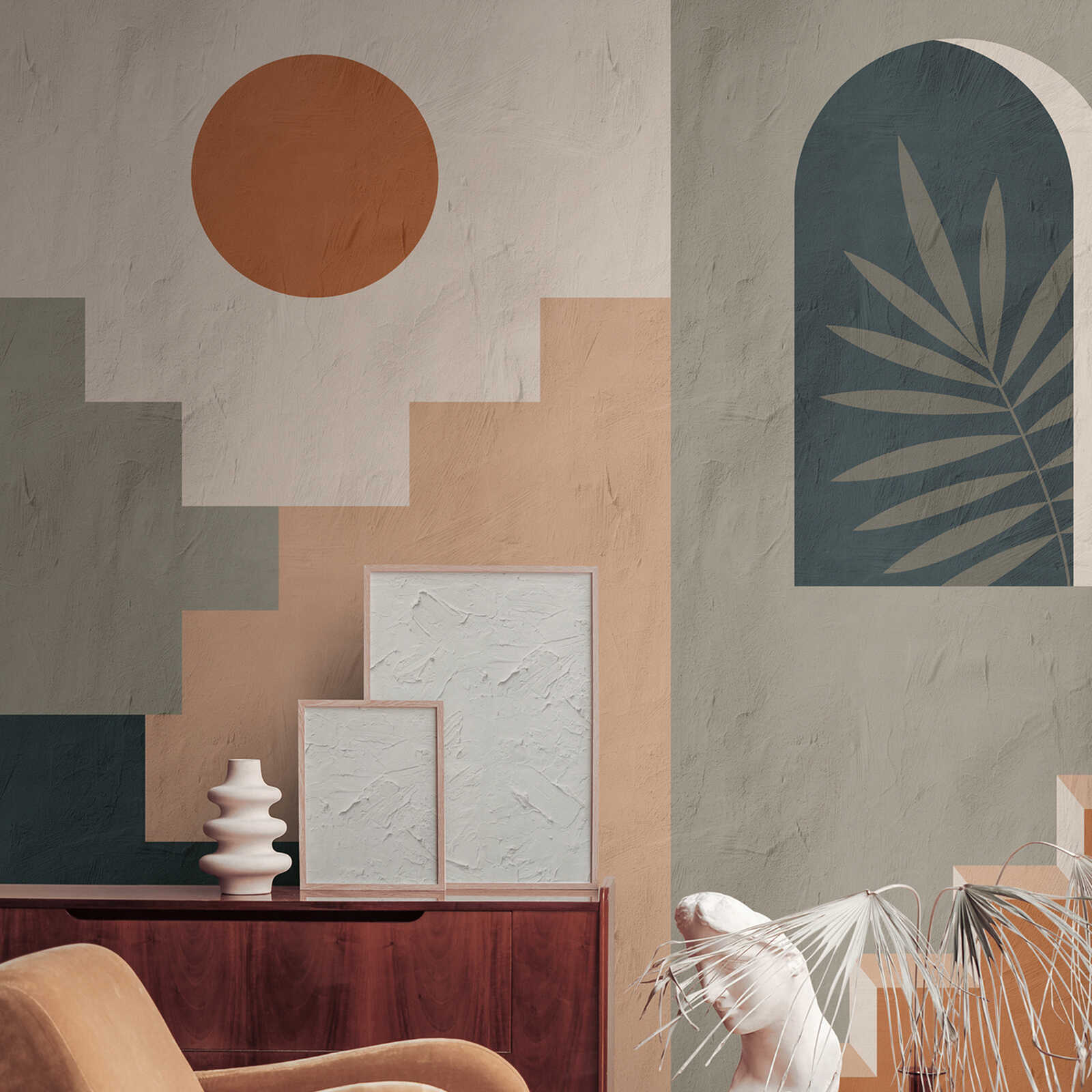 abstrakte wand, geometrische wandkunst, erdtöne, Vase Skulptur, schattige Pflanze