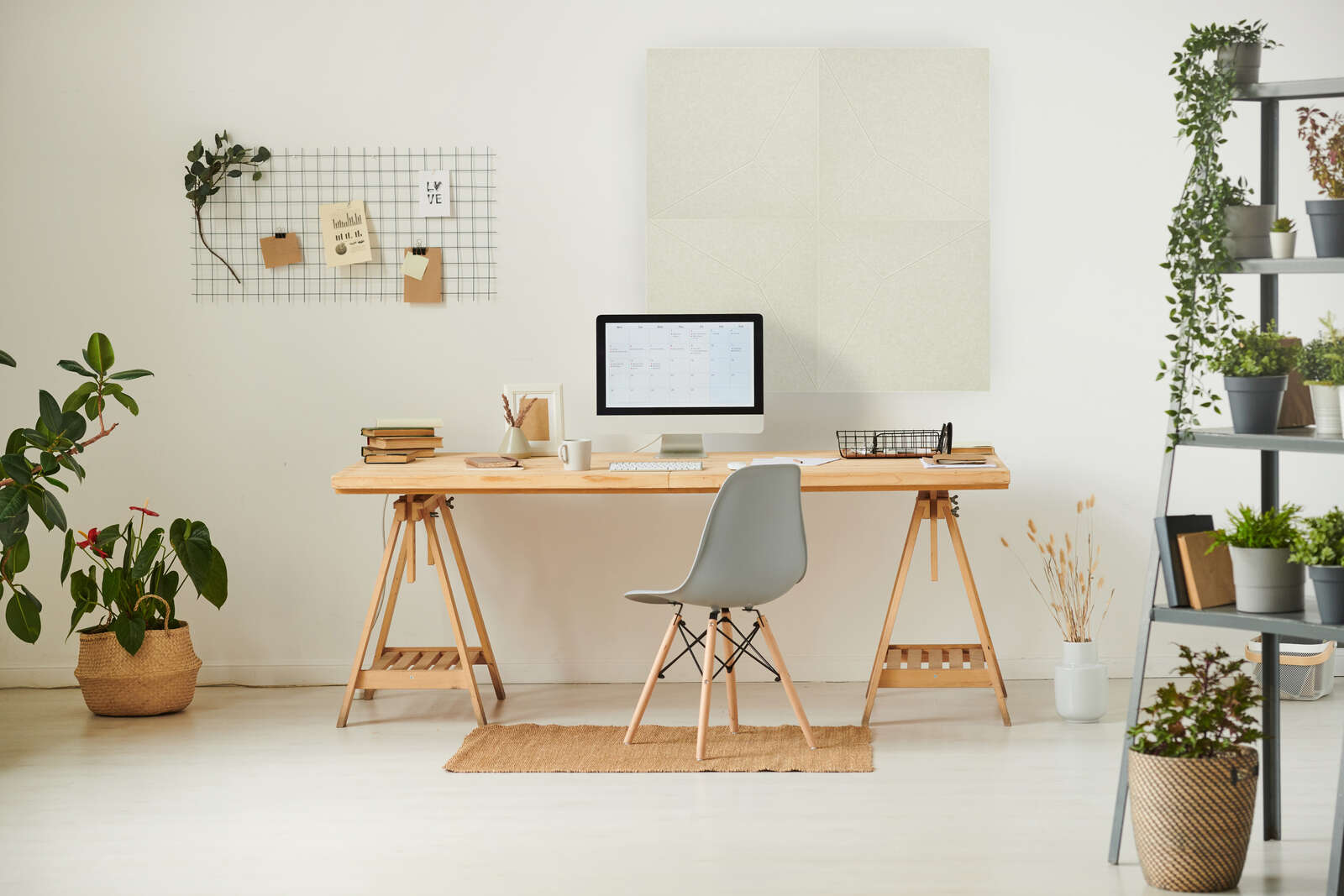 home office, desk, computer, plants, workspace