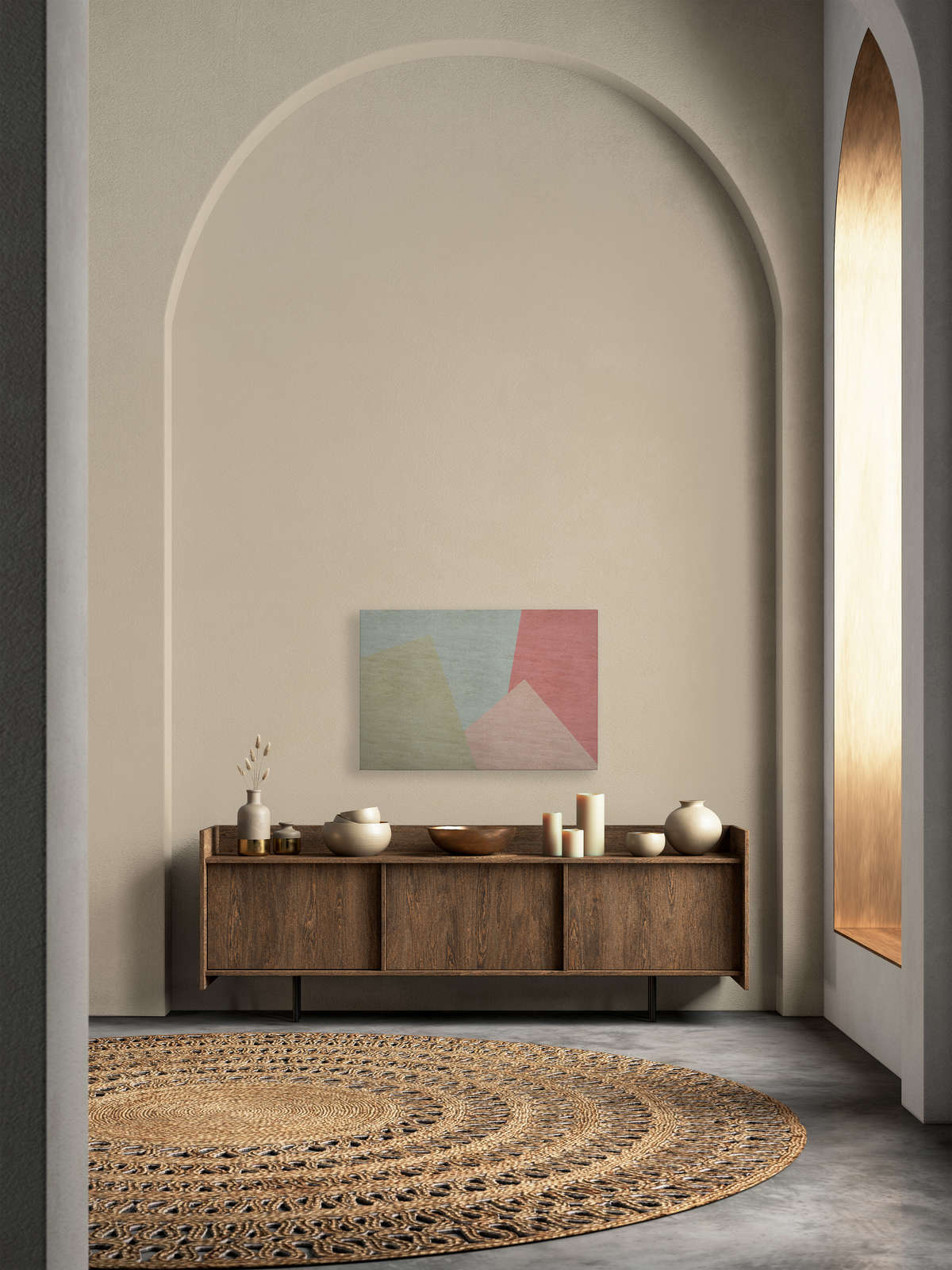             Inaly 2 - Abstraktes, buntes Leinwandbild in Sperrholz Optik – 0,90 m x 0,60 m
        