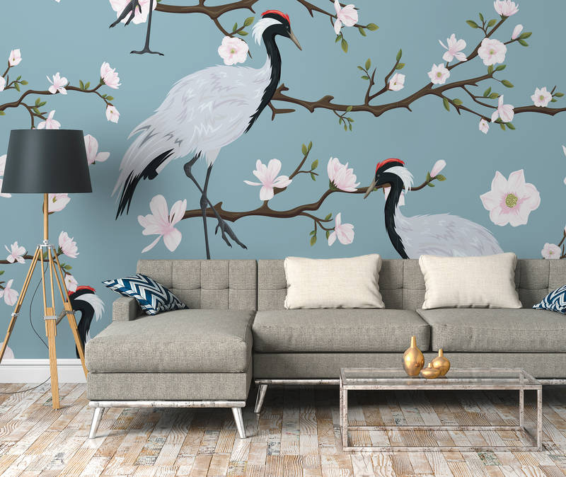             Kranich Fototapete im japanischen Stil – Blau, Weiß
        