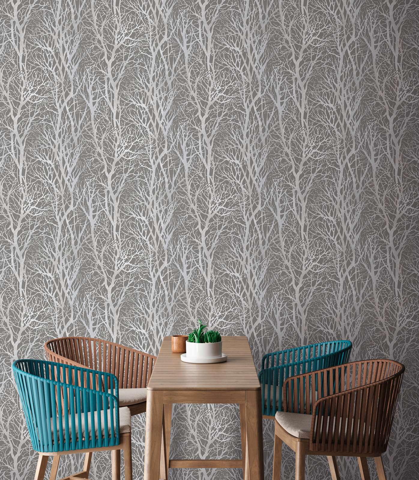             Anthrazit Tapete mit Ast-Motiv & Metallic-Effekt – Silber, Grau
        