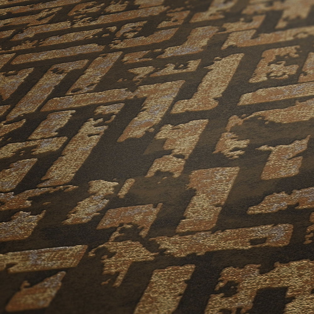             Ethno Mustertapete mit Used Design & Relief-Grafik – Braun, Metallic
        