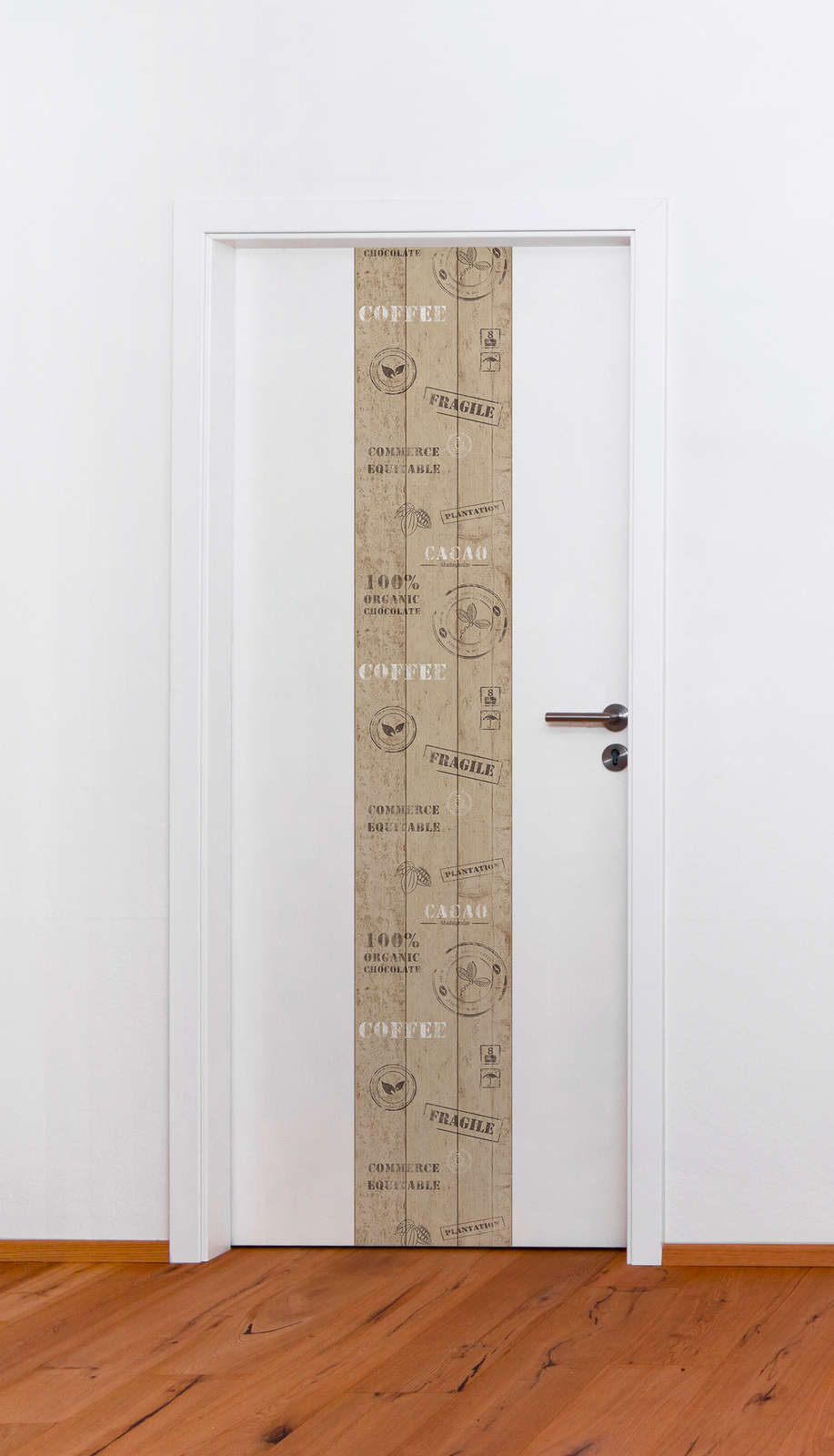 Holzoptik Vliestapete mit Kaffee &amp; Kakao Logo – Beige, Braun