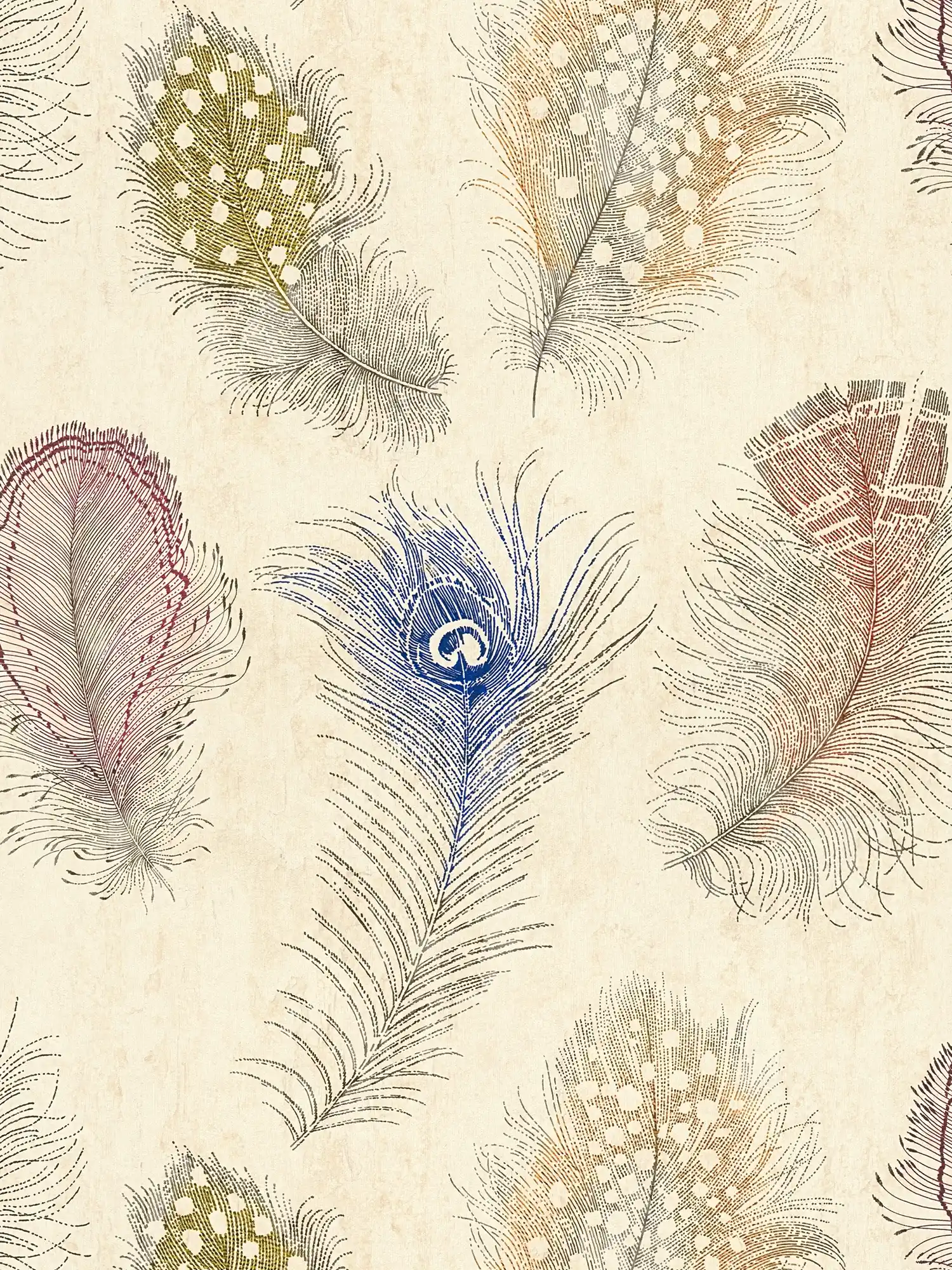 Künstlerische Vliestapete mit bunten Federn sanft strukturiert und matt – Creme, Rot, Gelb