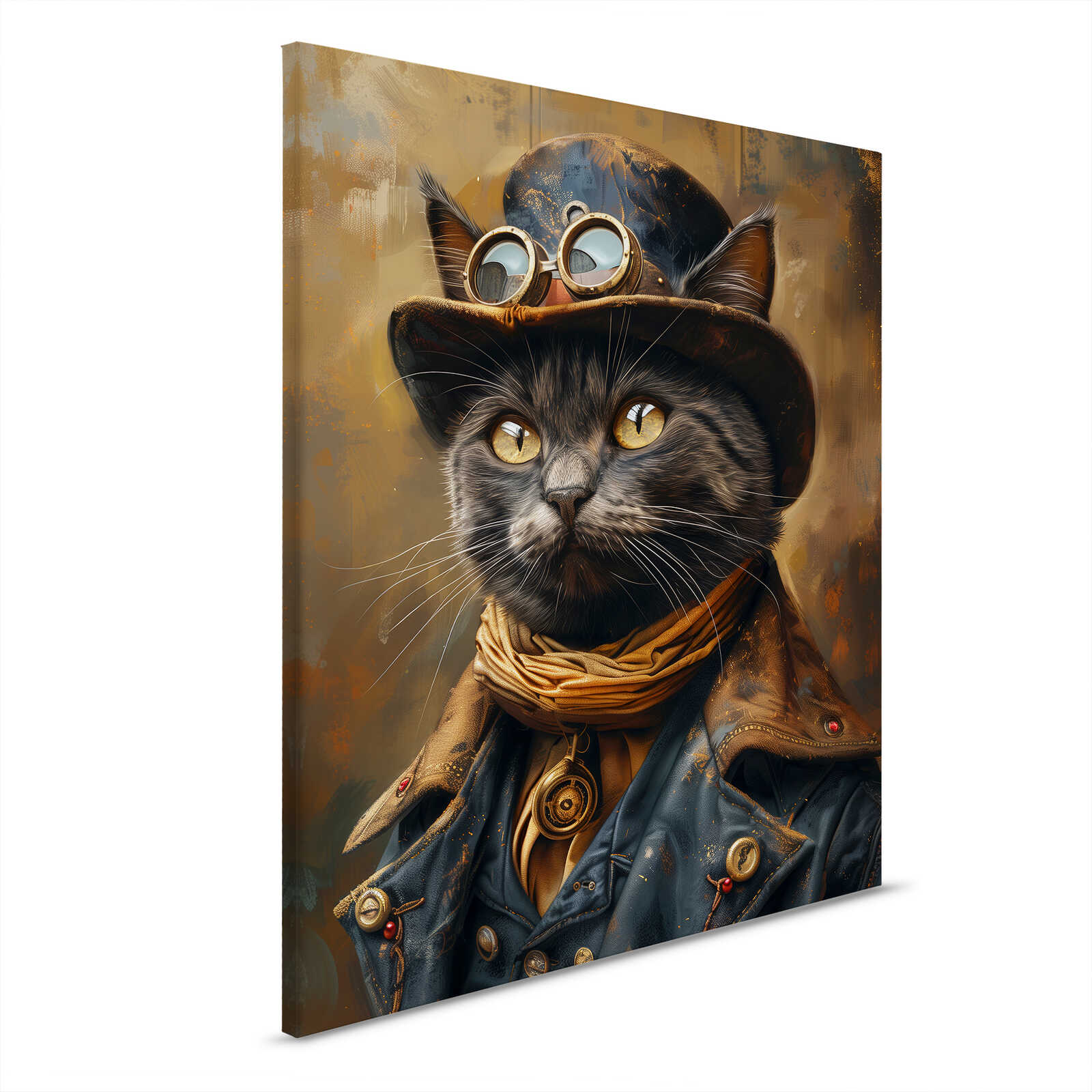         Zwarte elegantie - steampunk kattenportret op hoge kwaliteit canvas - 40 x 50 cm - zwart, goud
    