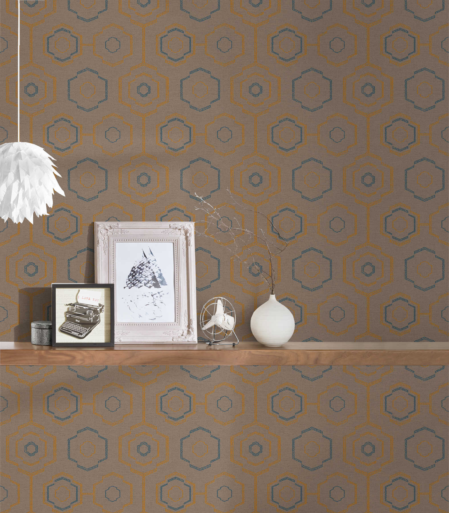 Tapete indigenes Textilmuster mit geometrischem Design – Braun, Blau, Orange