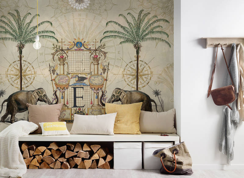 Wandbild, Elefanten-Motiv, Palmen, Kommode, Sitzbank