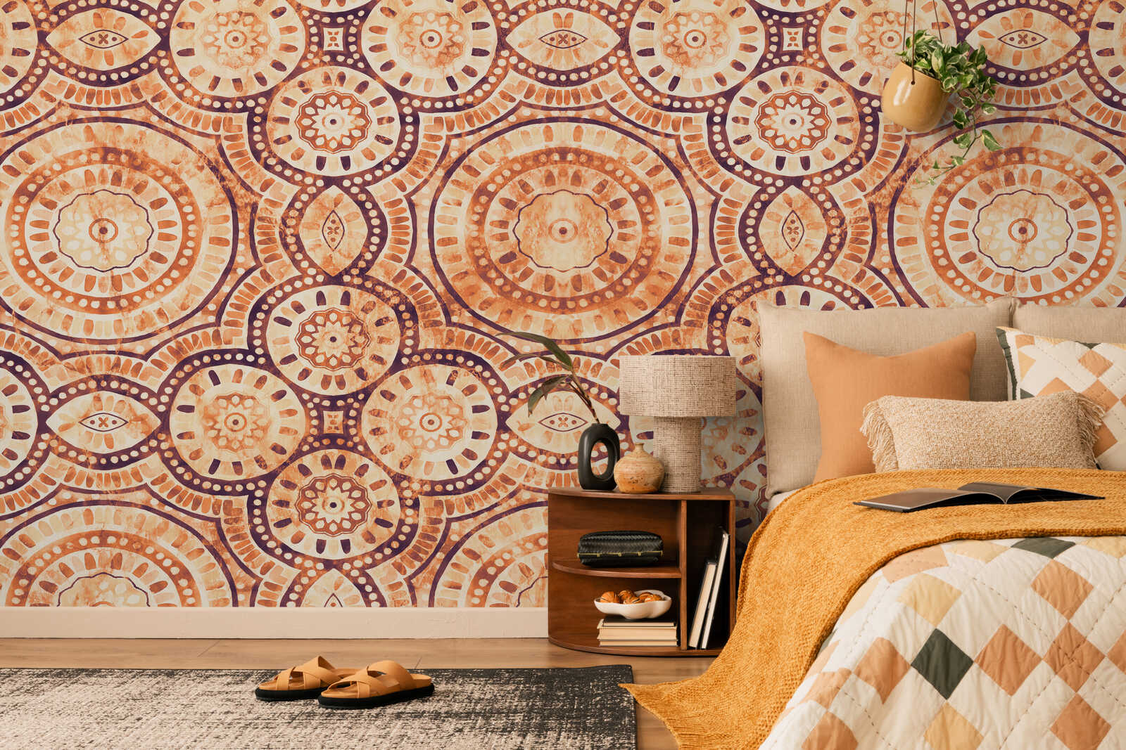 tapeziert-wand, spannbetttuch, ornamentmuster, orange-braun, wohnzimmerDekor