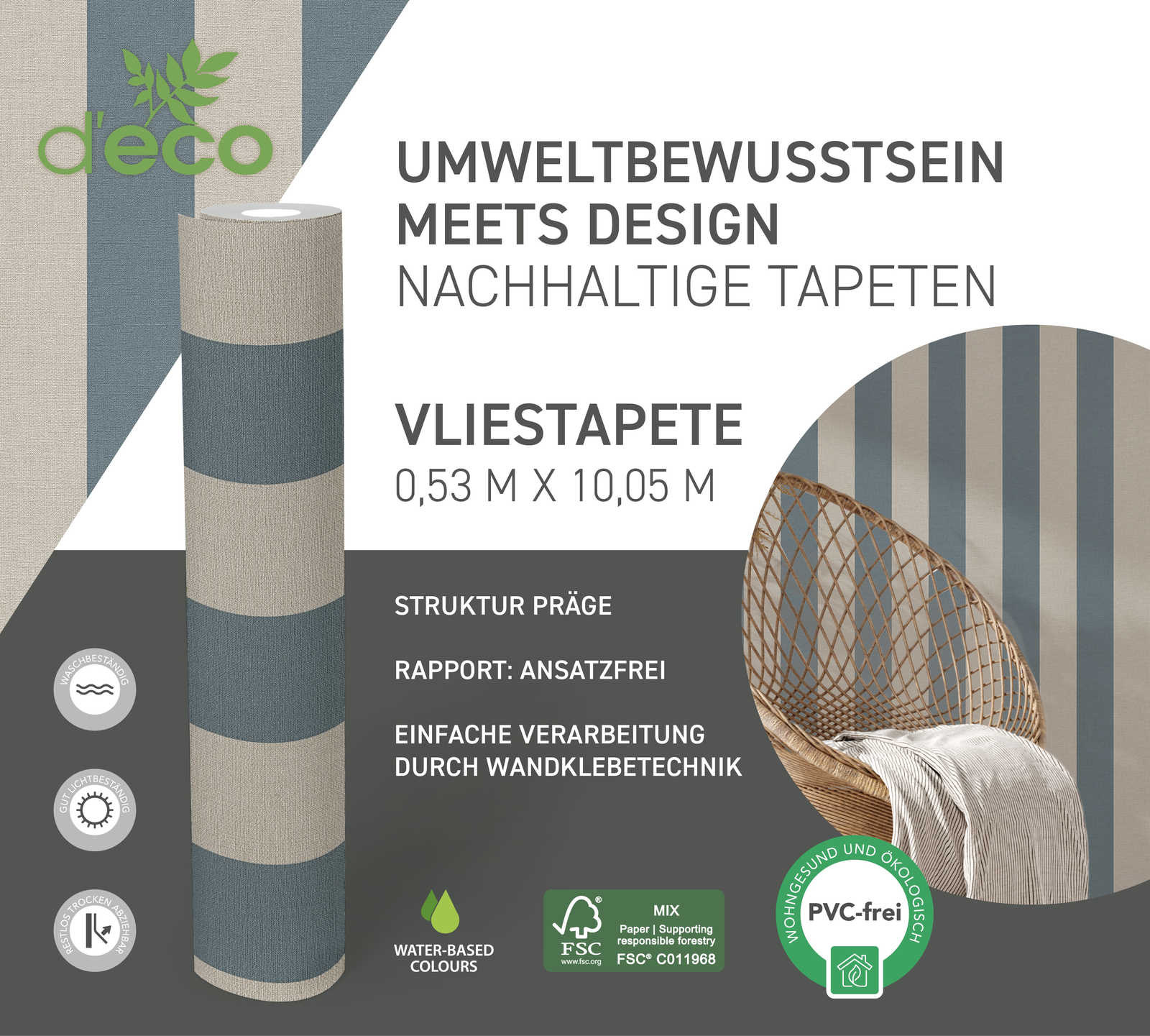             Streifentapete mit Leinenoptik PVC-frei – Blau, Braun
        