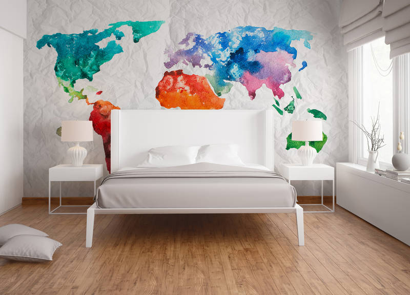 Weltkarten Fototapete Aquarell – Bunt, Weiß