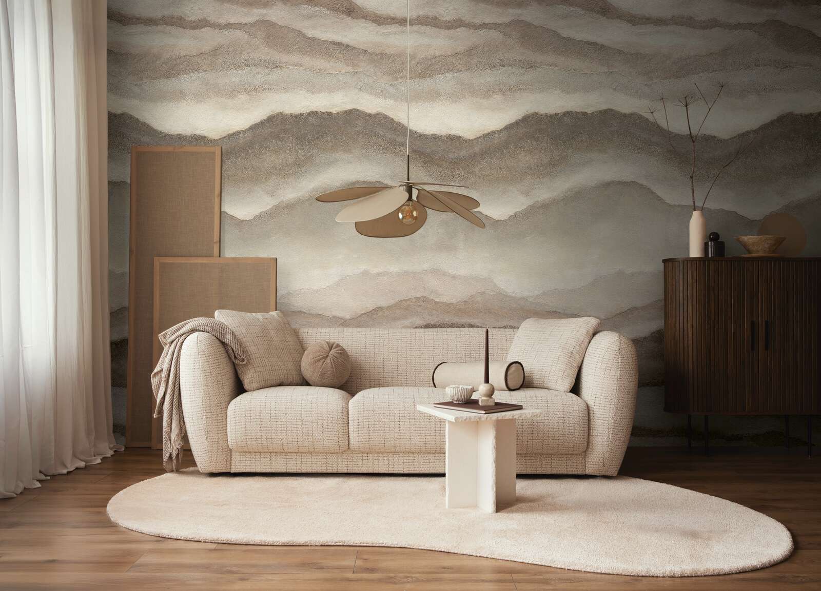 sofa, beige, moderne Einrichtung, wandbild Landschaft, runde Teppich