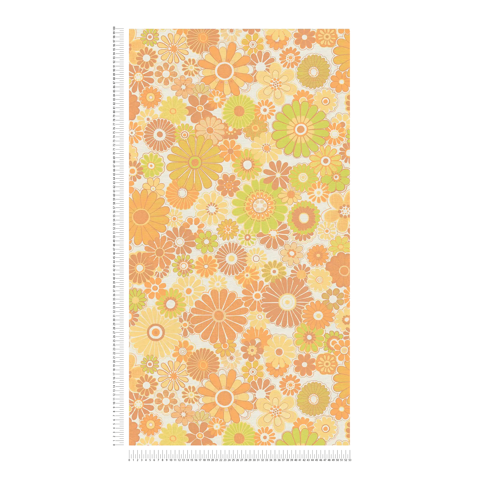             Florale Retro Tapete mit leichter Struktur – Gelb, Grün, Braun
        