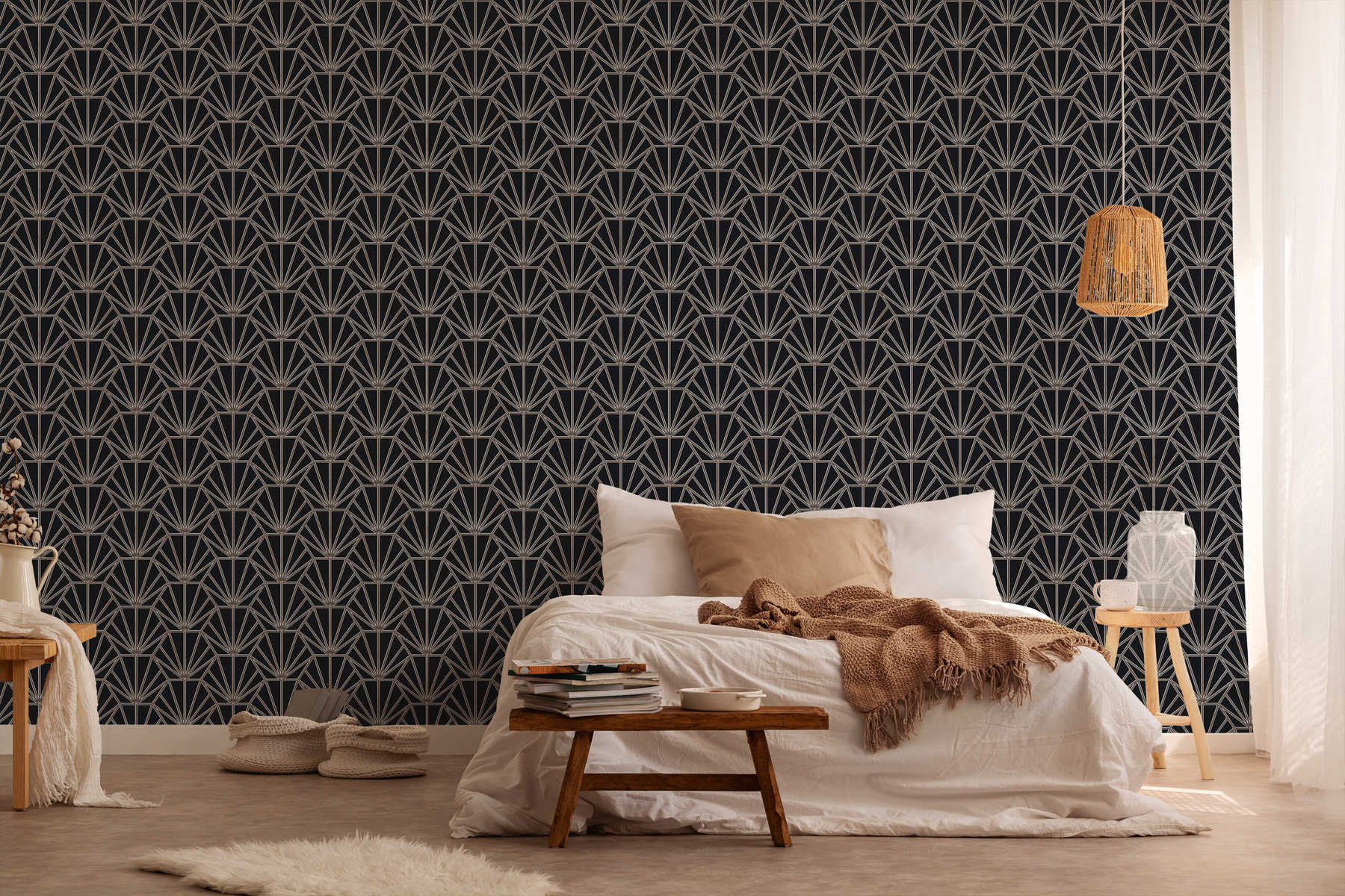            Tapete Art Déco Stil Retro Look & Linien Design – Schwarz, Bronze, Weiß
        