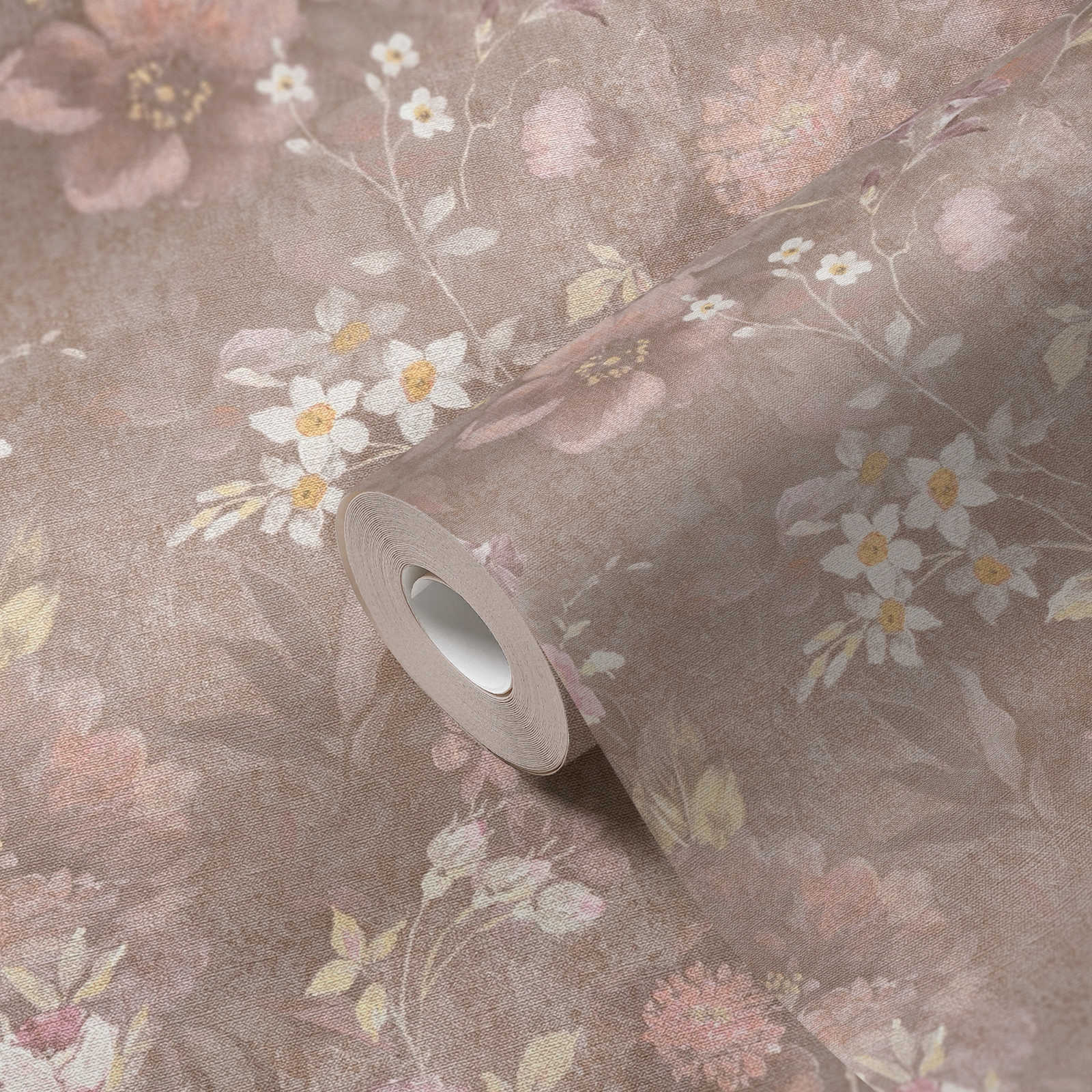             PVC-freie Vliestapete mit Blumenmuster – Braun, Bunt, orange
        