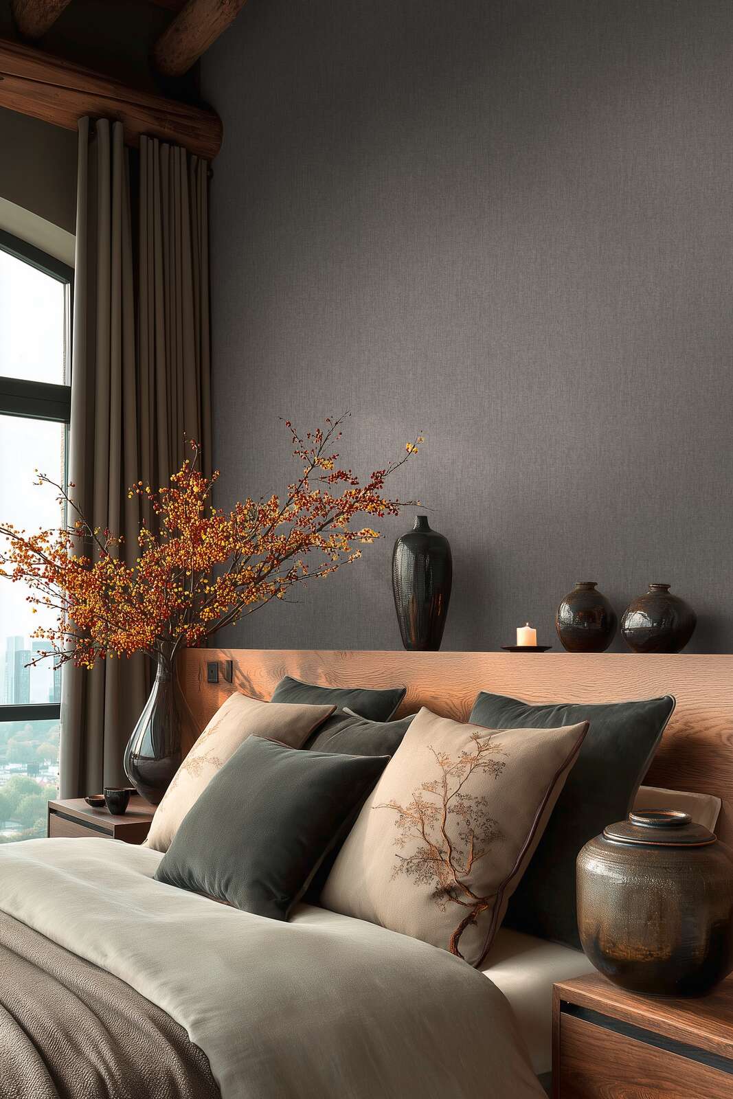 bettzimmer, bett, kissen, vasen, dekor