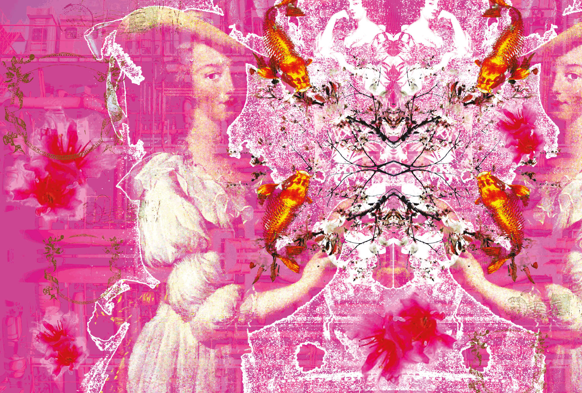             Dame met Kois - Fusion stijl fotobehang met patroon mix
        