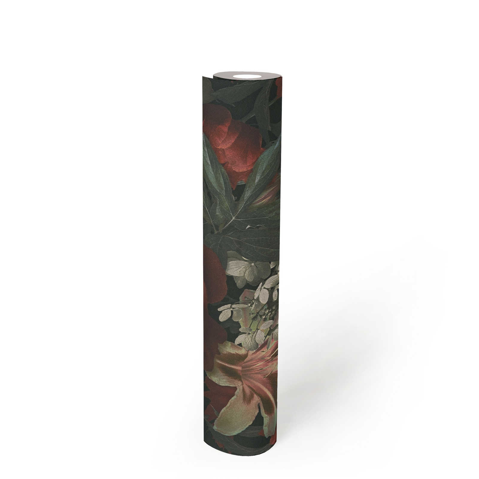             Blumentapete Rosen & Tulpen vintage Stil – Grün, Rot, Creme
        