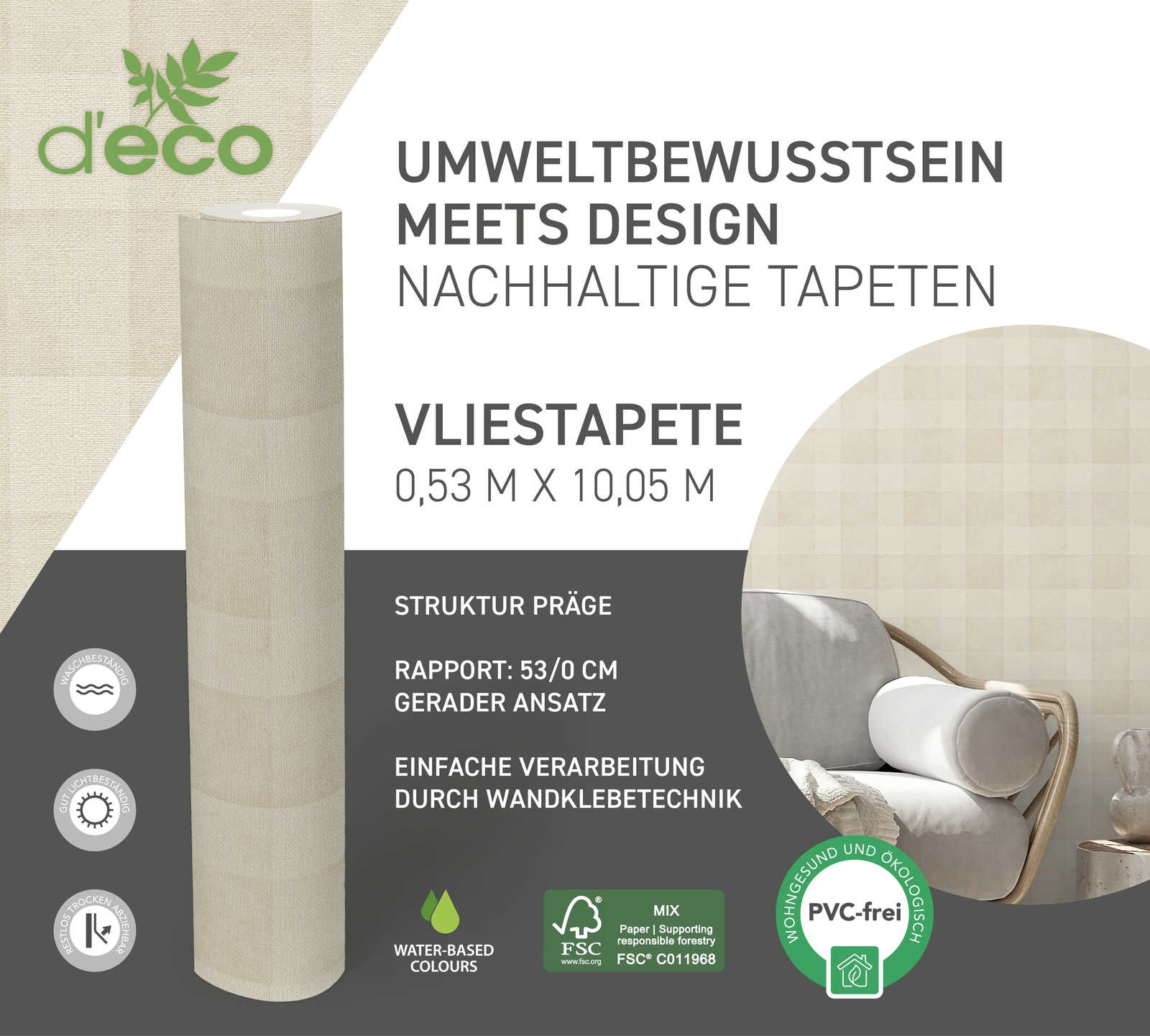             Vliestapete PVC-frei Karomuster mit Leinenoptik – Beige
        