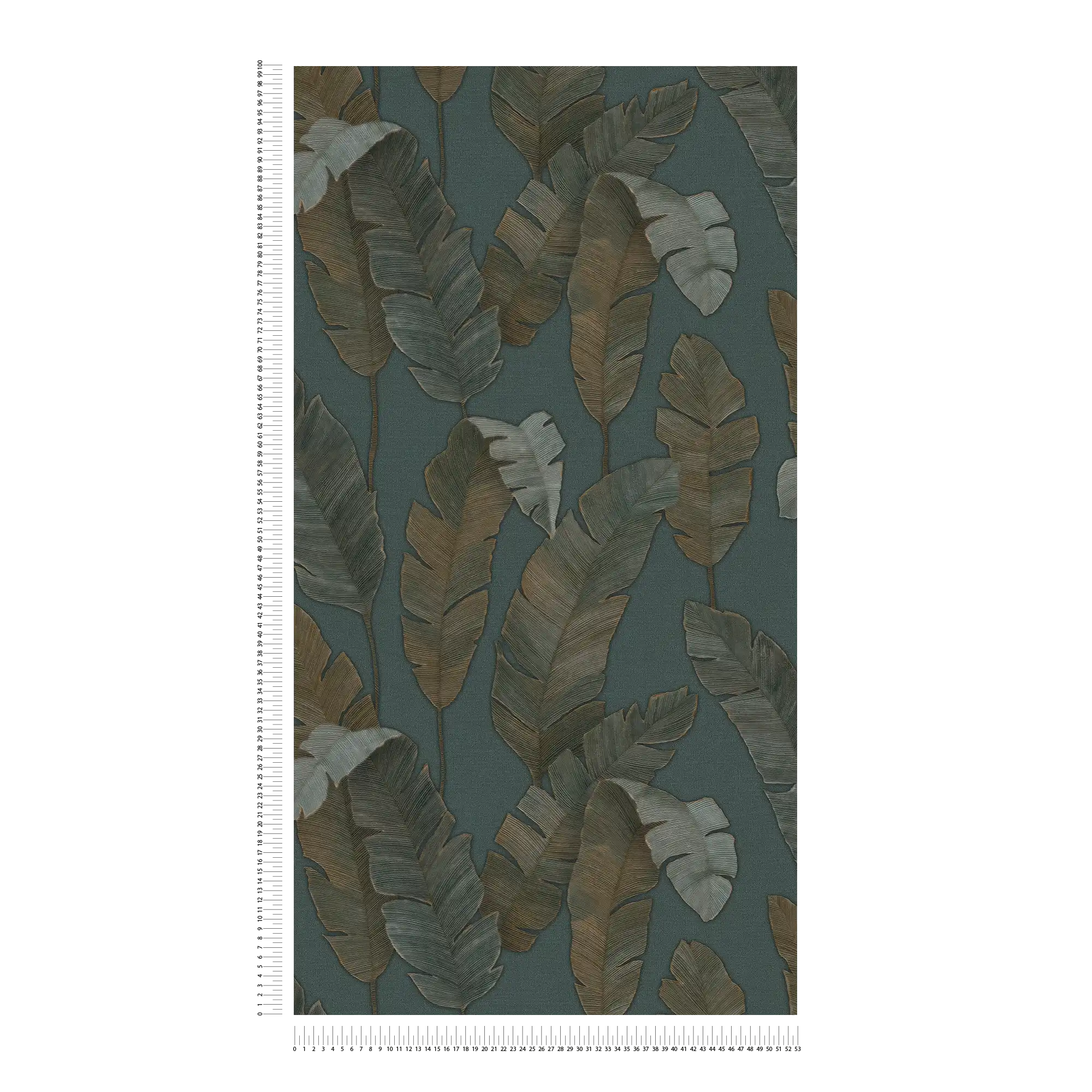             Stilvolle Dschungel-Vliestapete mit großen, dunklen Palmblättern und feiner Struktur – Water. Fix. Ready. – Petrol, Grün, Braun
        