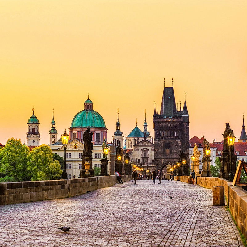         Charles Bridge Prague mural - yellow, green, brown
    