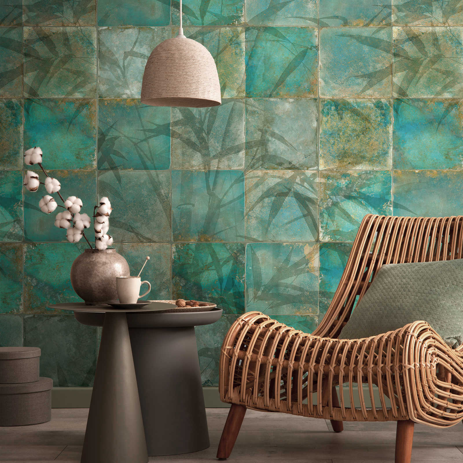        Grüne Vliestapete mit Blatt Mosaikmuster in Fliesenoptik – Grün
    