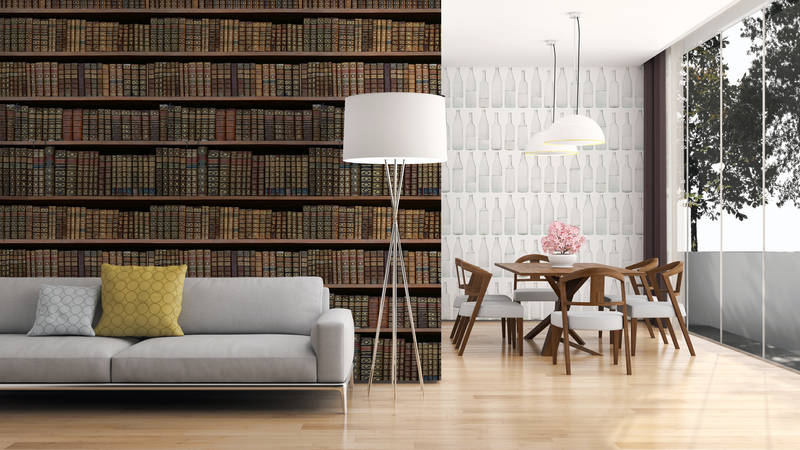Wohnzimmer, Bücherregal, Sofa, Lampen, Holzboden