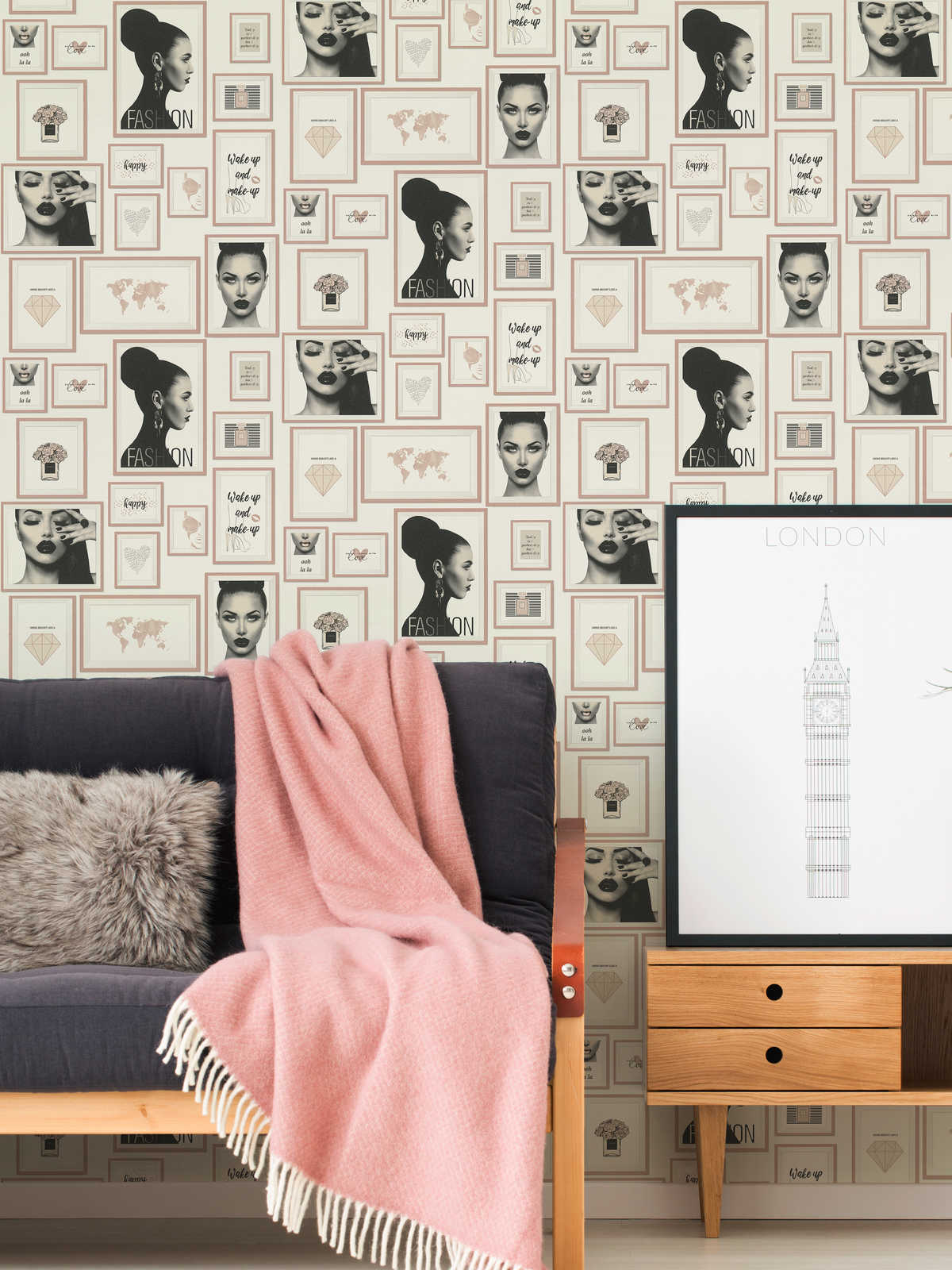             Tapete Fashion Design mit Wanddekor – Rosa, Schwarz, Weiß
        