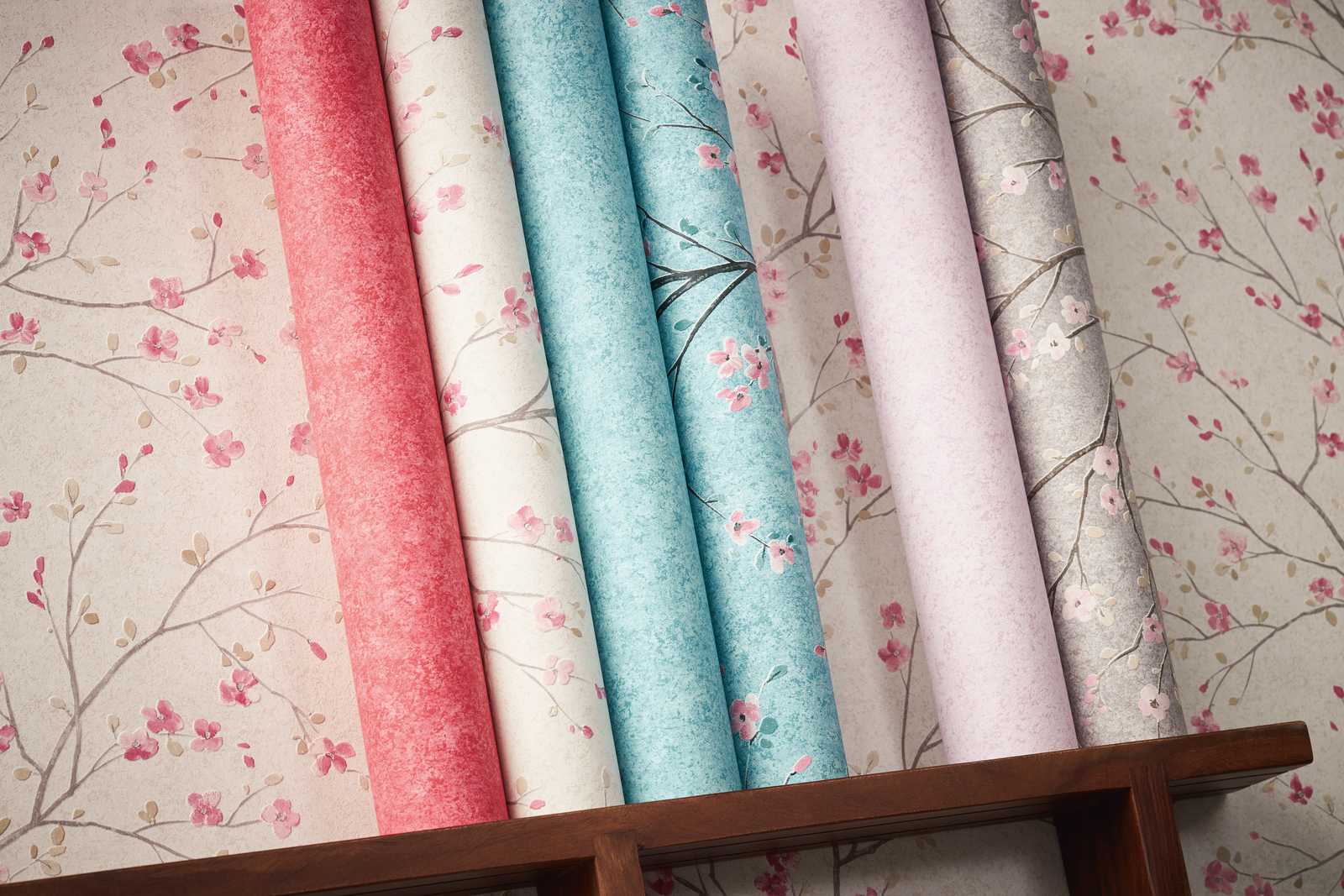             Japanse Kersenbloesem Behang - Blauw, Groen, Roze
        
