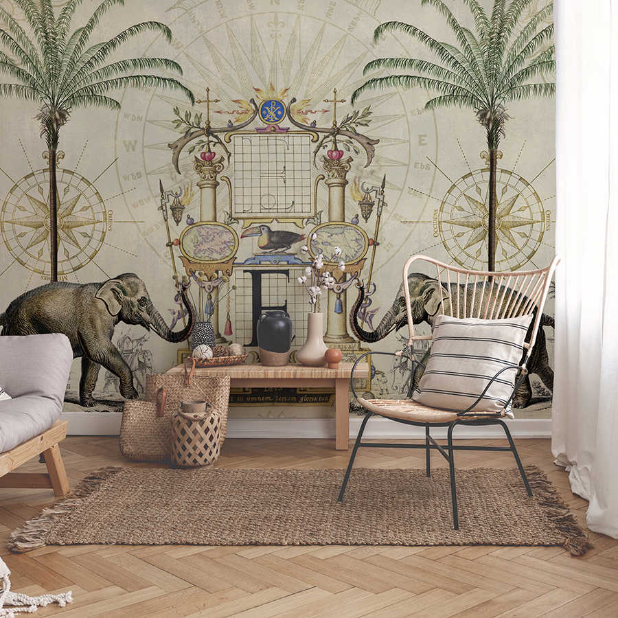 Wandtapete, Elefantenmuster, Palmen, Kompassdekor, Sofa-Tisch-Set