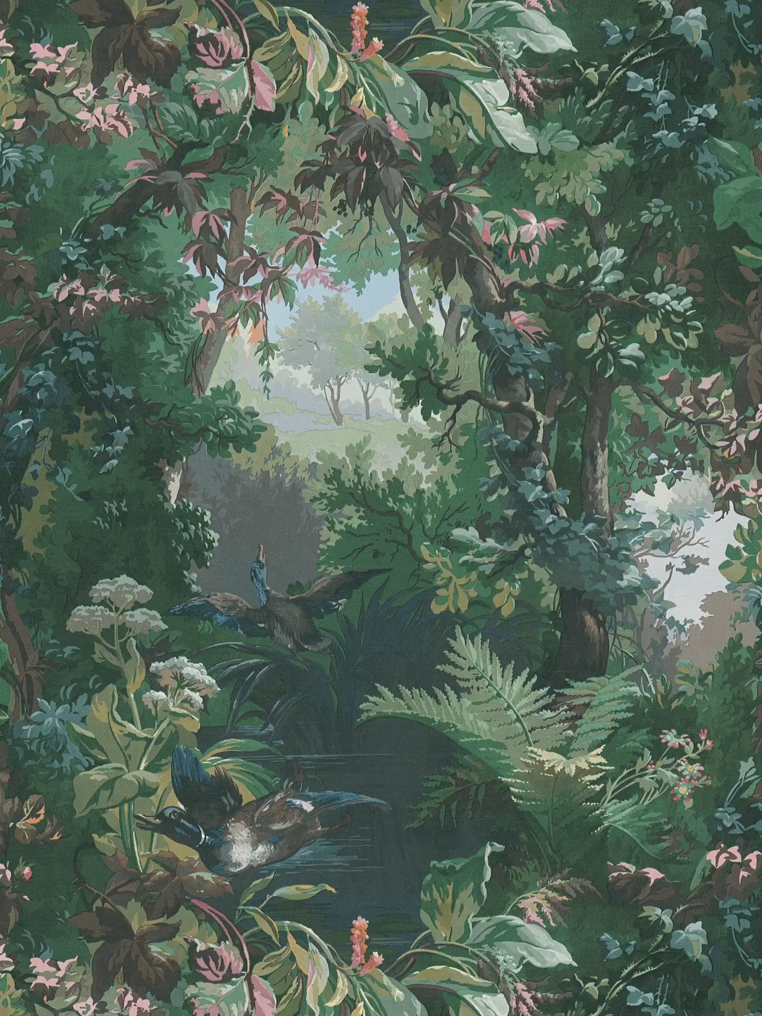         Hunting motif wallpaper, forest & ducks - green, blue, pink
    
