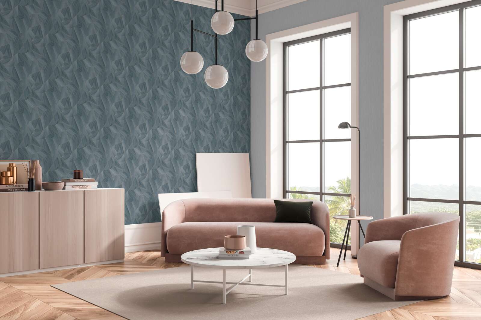 Holztapete geometrisches Muster &amp; Metallic-Effekt – Grau, Schwarz