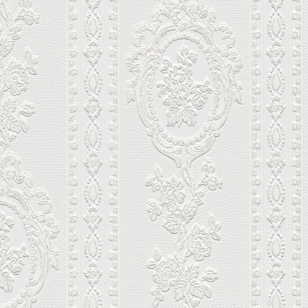 Ornamenttapete florale Elemente, Streifen und Blumen – Weiß