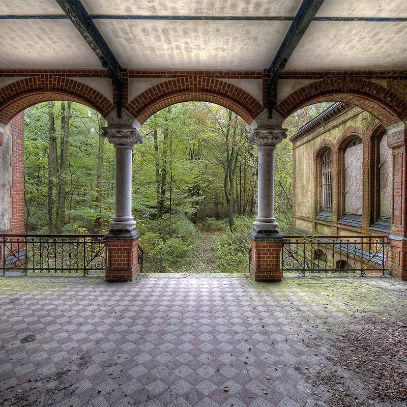 veranda, brücke, architektur, holz/steine, wald